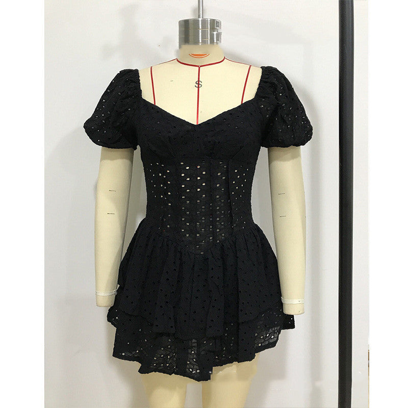 Ladies Square Neck Crochet Double Cake Dress