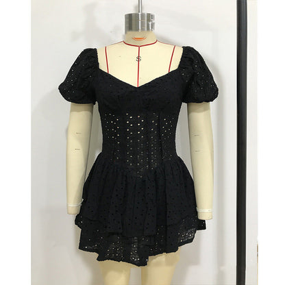 Ladies Square Neck Crochet Double Cake Dress