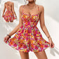 Women's Floral Print Dress Summer Lace-up Back Seaside Holiday Short Dresses